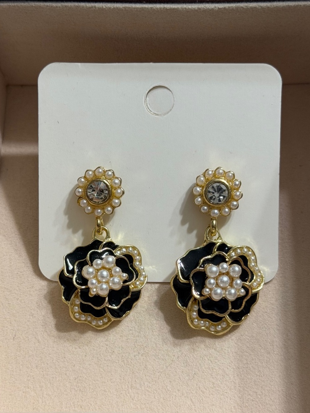 Golden Black Enamel Camellia Flower Faux Pearl Rhinestone Drop Earrings.